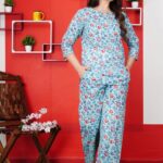 Sky blue floral print night suit