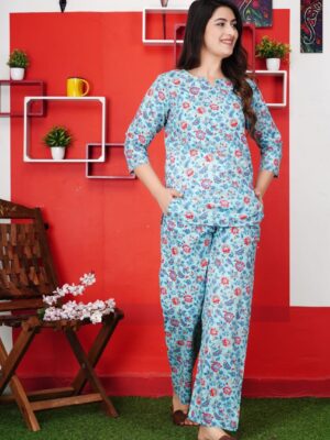 Sky blue floral print night suit