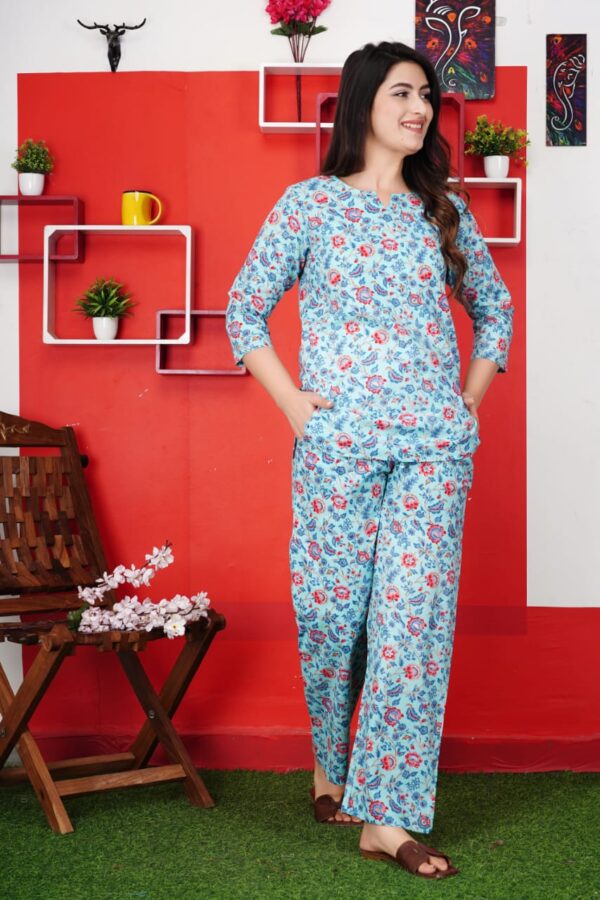 Sky blue floral print night suit