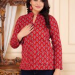 red sanganeri printed quilted jacket