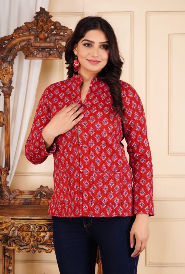 red sanganeri printed quilted jacket