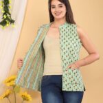 sea green printed sleeveless jacket