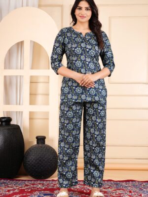 Navy Blue Sunflower Printed Night Suit Set