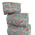 Green floral printed quilted pouch