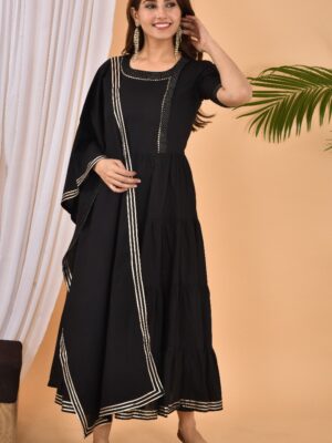 Black Solid Anarkali With Stole