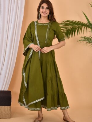 Mehndi Green Anarkali With Stole