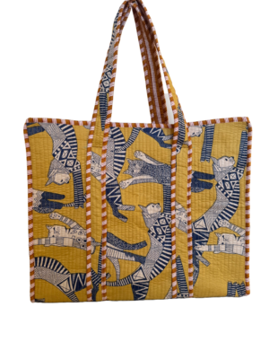 yellow cat print quilted tote bag
