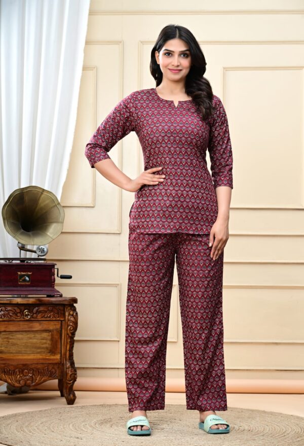 Deep maroon sanganeri printed night suit set