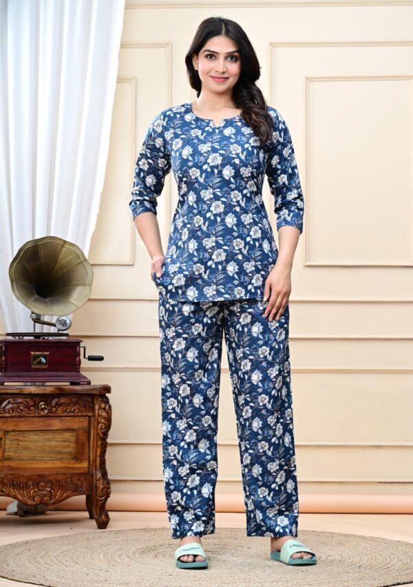 Dark blue floral printed night suit set