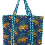 Blue tiger printed zipper quilted tote bag