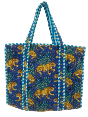 Blue tiger printed zipper quilted tote bag