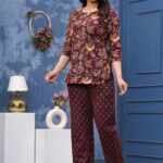 Deep Maroon Floral And Buti Night Suit Set