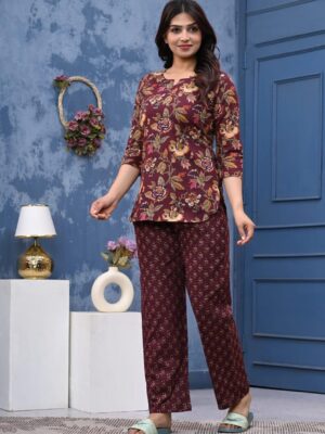 Deep Maroon Floral And Buti Night Suit Set
