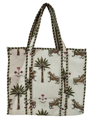 White Tiger Print Zipper Quilted Tote Bag