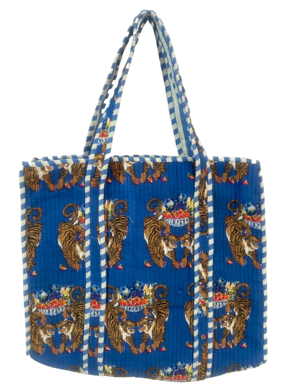 Royal Blue Tiger Printed Zipper Quilted Tote Bags