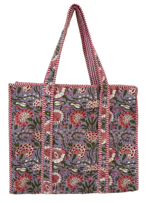Lilac floral printed zipper quilted tote bag