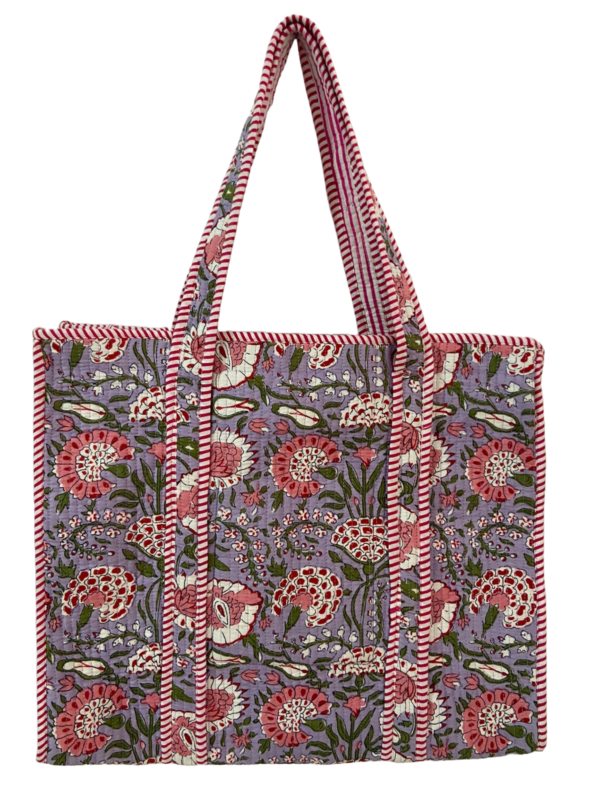Lilac floral printed zipper quilted tote bag
