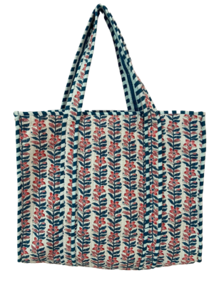 White Floral Print Zipper Quilted Tote Bag