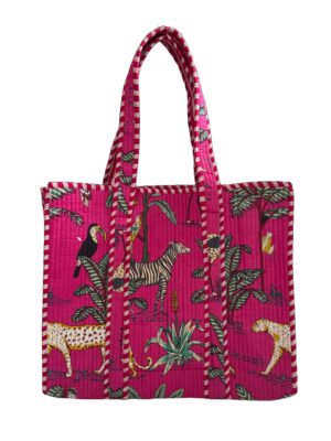 Dark Pink Jungle Print Quilted Tote Bag