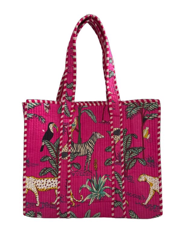 Dark Pink Jungle Print Quilted Tote Bag