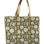 Green Floral Print Quilted Tote Bag