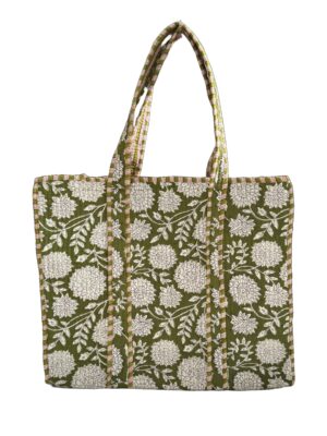 Green Floral Print Quilted Tote Bag