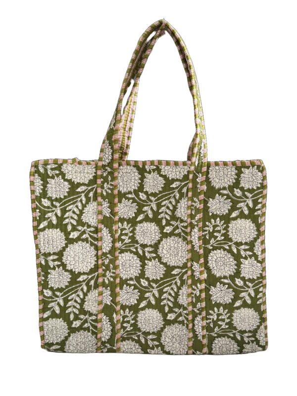 Green Floral Print Quilted Tote Bag