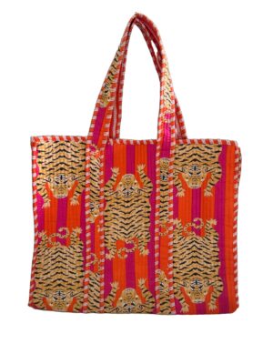 Orange Fuchsia Tibetian Tiger Quilted Tote Bag
