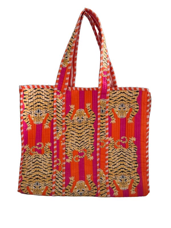 Orange Fuchsia Tibetian Tiger Quilted Tote Bag
