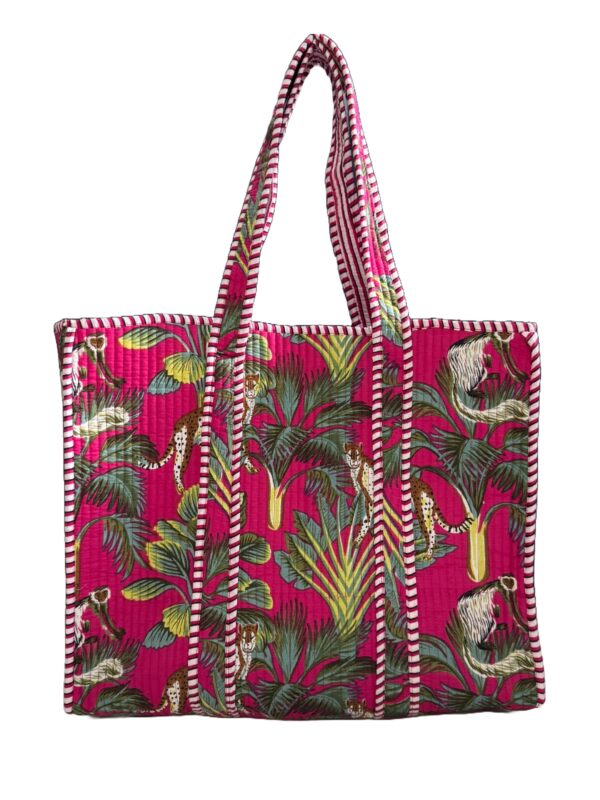 Dark Pink Tropical Print Quilted Tote Bag