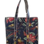 Black Tropical Print Quilted Tote Bag