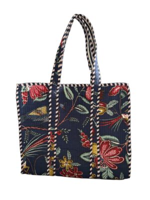 Black Tropical Print Quilted Tote Bag