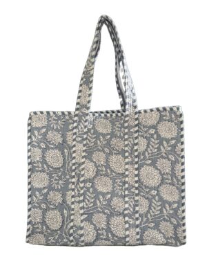 Grey Floral Quilted Tote Bag