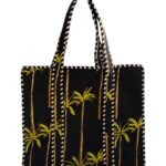 Black Coconut Tree Print Quilted Tote Bag