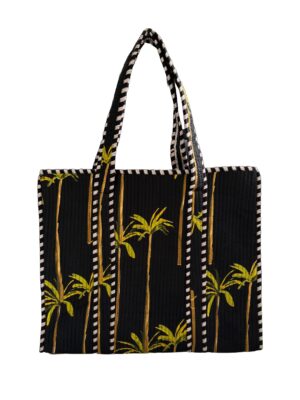 Black Coconut Tree Print Quilted Tote Bag
