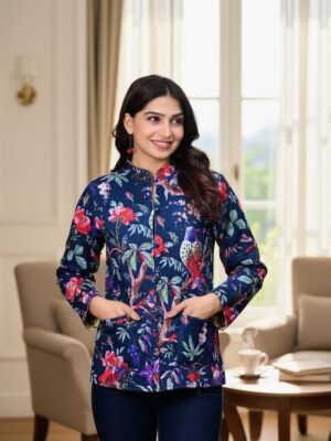 Blue Tropical Printed Cotton Quilted Reversible Jacket