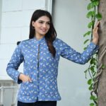Soft Blue Printed Cotton Quilted Reversible Jacket