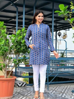 Blue Cotton Quilted Reversible Long Coat