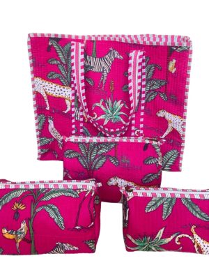 Pink Jungle Tote With Set Of 3 Multiutility Pouches