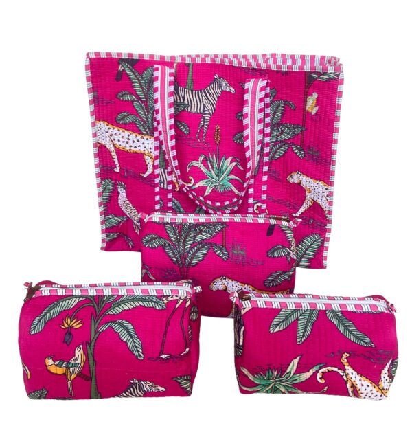 Pink Jungle Tote With Set Of 3 Multiutility Pouches