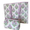 White and lavender buta print cotton quilted tote with pouch