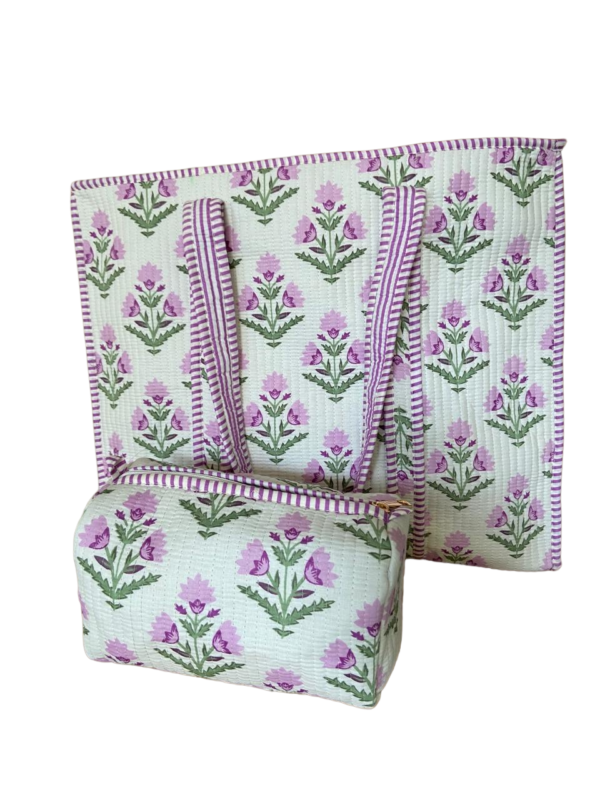 White and lavender buta print cotton quilted tote with pouch