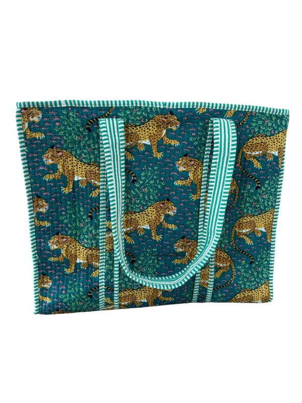 Green Leopard Print Quilted Tote Bag