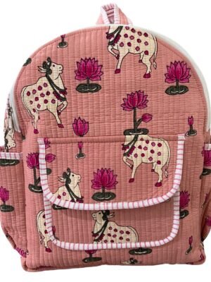 Peach Pichwai Printed Quilted Backpack
