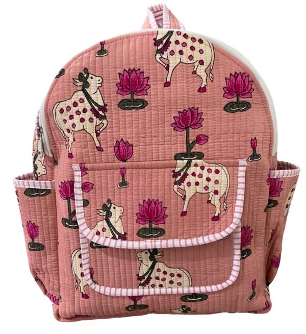Peach Pichwai Printed Quilted Backpack