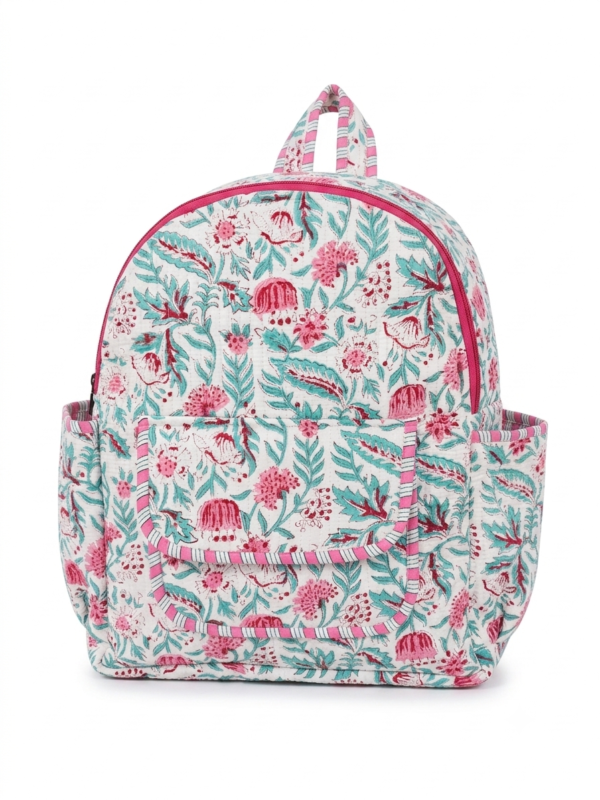 White Floral Hand Block Printed Quilted Backpack