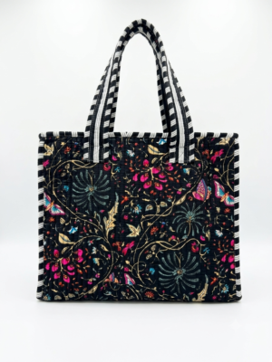 Handcrafted Black Quilted Cotton Tote Bag for Women | Shopping Zipper Bag for Grocery, Picnic, Market & Daily Use