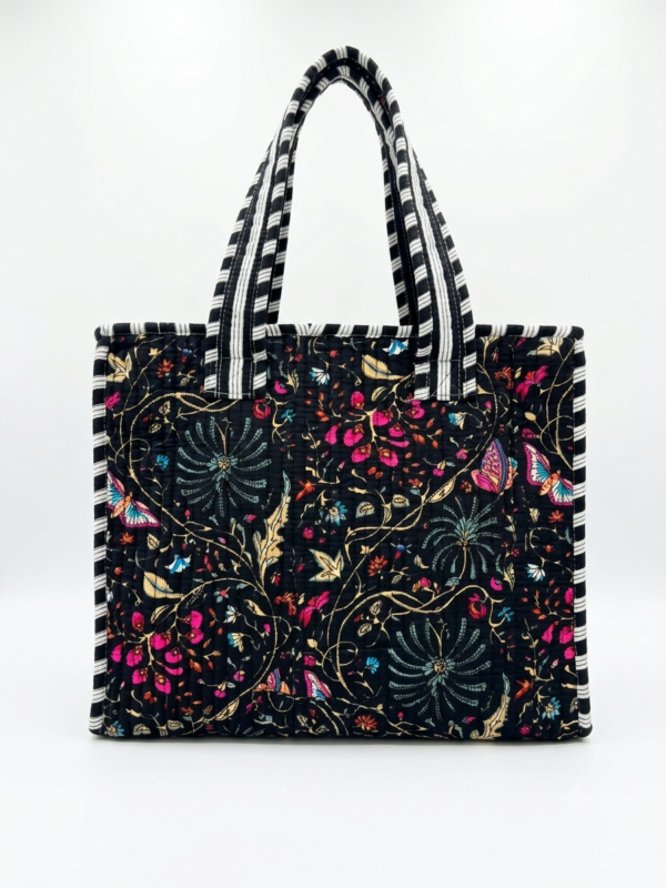 Handcrafted Black Quilted Cotton Tote Bag for Women | Shopping Zipper Bag for Grocery, Picnic, Market & Daily Use
