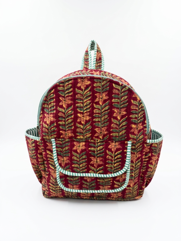 Maroon Floral Hand Block Printed Quilted Backpack