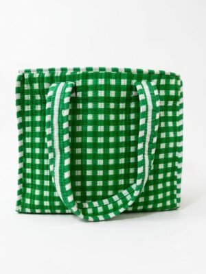 Handcrafted Green Checks Quilted Cotton Tote Bag for Women | Shopping Zipper Bag for Grocery, Picnic, Market & Daily Use